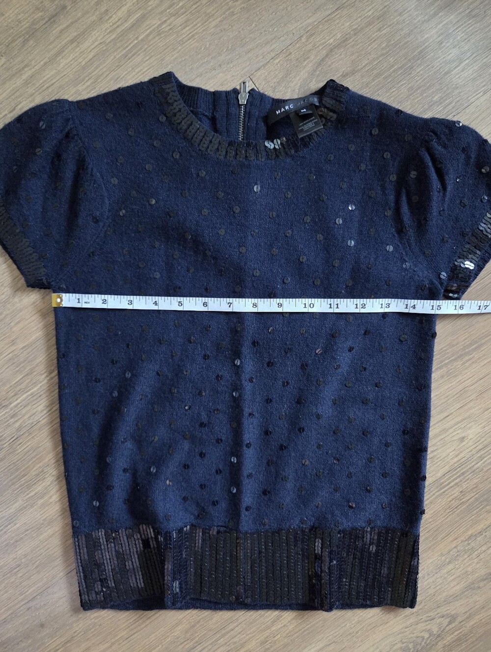 Marc Jacobs Wool Navy Short Sleeve Sequin Dot Knit Top Size M - Picture 7 of 10